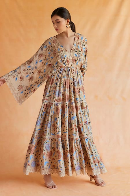 Shop Shruti Sancheti Beige Muslin Embroidery V-neck Floral Prin at Aza Fashions Shop_Shruti Sancheti_Beige Muslin Embroidery V-neck Floral Prin _at_Aza_Fashions