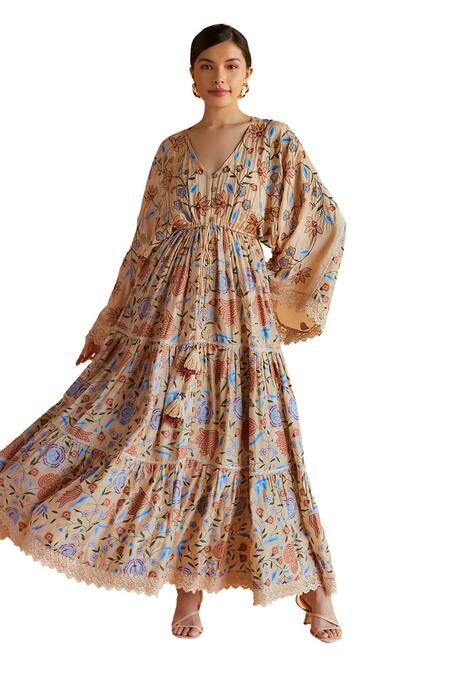 Shruti Sancheti Beige Muslin Embroidery V-neck Floral Prin Online at Aza Fashions Shruti Sancheti_Beige Muslin Embroidery V-neck Floral Prin _Online_at_Aza_Fashions