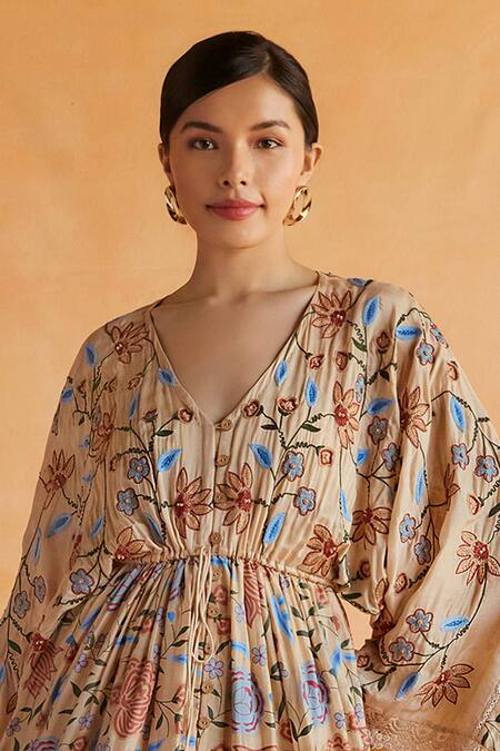 Buy Shruti Sancheti Beige Muslin Embroidery V-neck Floral Prin Online at Aza Fashions Buy_Shruti Sancheti_Beige Muslin Embroidery V-neck Floral Prin _Online_at_Aza_Fashions