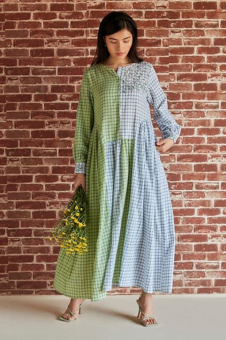 Shruti Sancheti Green Cotton Embroidered Thread Round Color Blocked Dress  