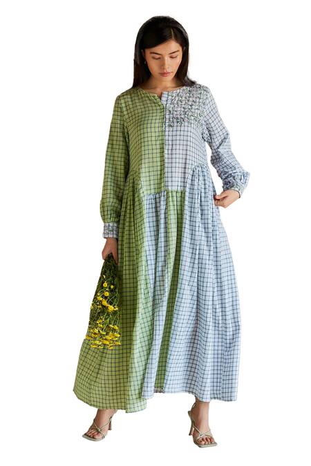 Buy Shruti Sancheti Green Cotton Embroidery Round Neck Color Blocked Dress Online at Aza Fashions Buy_Shruti Sancheti_Green Cotton Embroidery Round Neck Color Blocked Dress _Online_at_Aza_Fashions