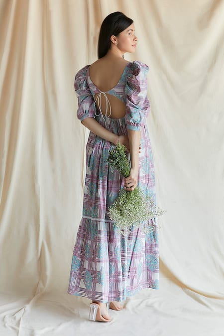 Shop Shruti Sancheti Purple Silk Embroidery Square Neck Printed And Dress at Aza Fashions Shop_Shruti Sancheti_Purple Silk Embroidery Square Neck Printed And Dress _at_Aza_Fashions