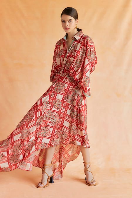 Shruti Sancheti Red Silk Mul Print Paisley And Check Collar Neck & Kimono Dress  