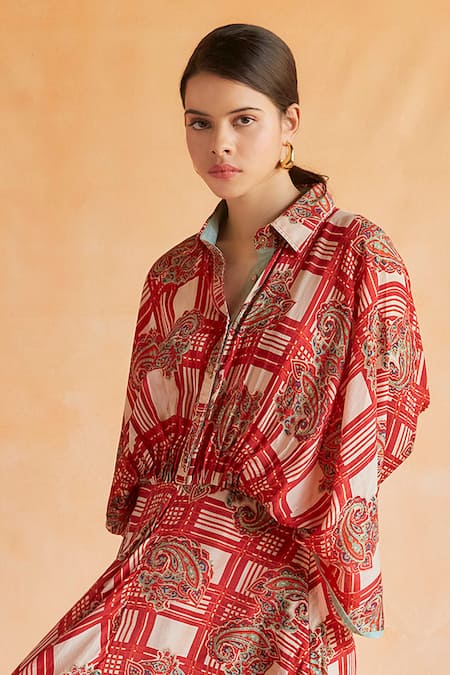 Shop Shruti Sancheti Red Silk Collared Paisley And Check Print Kimono Dress at Aza Fashions Shop_Shruti Sancheti_Red Silk Collared Paisley And Check Print Kimono Dress _at_Aza_Fashions