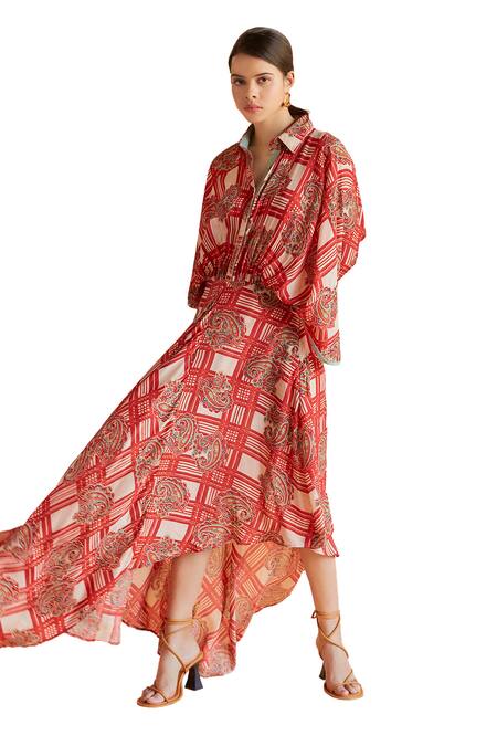 Shruti Sancheti Red Silk Collared Paisley And Check Print Kimono Dress Online at Aza Fashions Shruti Sancheti_Red Silk Collared Paisley And Check Print Kimono Dress _Online_at_Aza_Fashions