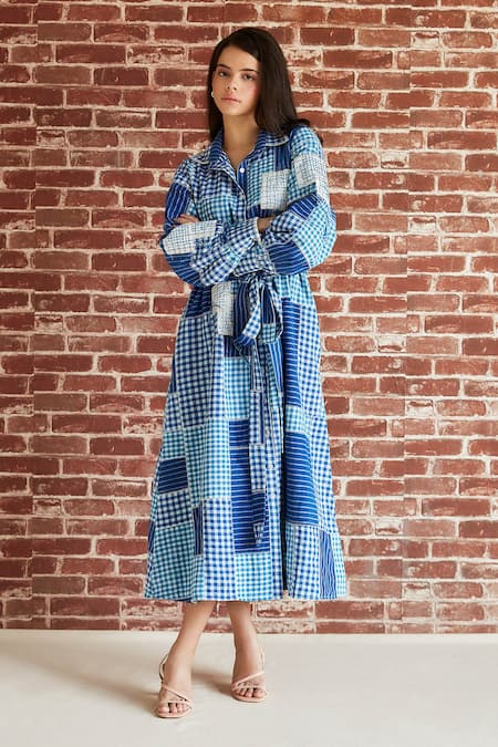 Shop Shruti Sancheti Blue Cotton Patchwork Gingham Checkered Print And Work Shirt Dress With Belt at Aza Fashions Shop_Shruti Sancheti_Blue Cotton Patchwork Gingham Checkered Print And Work Shirt Dress With Belt _at_Aza_Fashions