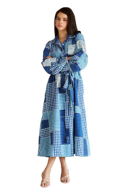 Shruti Sancheti Blue Cotton Patchwork Gingham Checkered Print And Work Shirt Dress With Belt Online at Aza Fashions Shruti Sancheti_Blue Cotton Patchwork Gingham Checkered Print And Work Shirt Dress With Belt _Online_at_Aza_Fashions