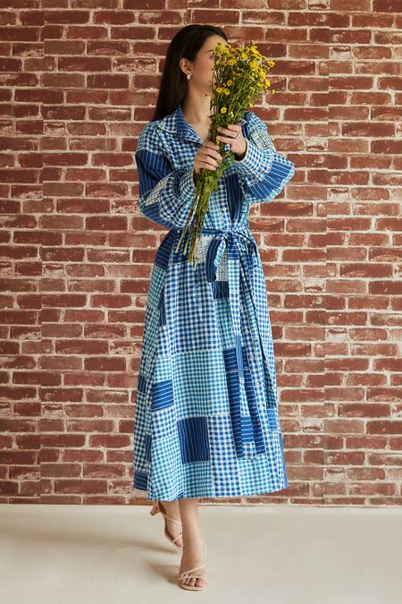 Buy Shruti Sancheti Blue Cotton Patchwork Gingham Checkered Print And Work Shirt Dress With Belt Online at Aza Fashions Buy_Shruti Sancheti_Blue Cotton Patchwork Gingham Checkered Print And Work Shirt Dress With Belt _Online_at_Aza_Fashions