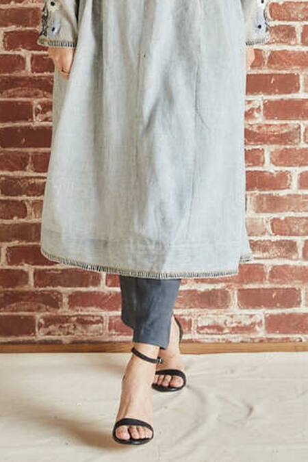 Shruti Sancheti Grey Cotton Embroidery V-neck Striped Blossom Anarkali With Pant Online at Aza Fashions Shruti Sancheti_Grey Cotton Embroidery V-neck Striped Blossom Anarkali With Pant _Online_at_Aza_Fashions