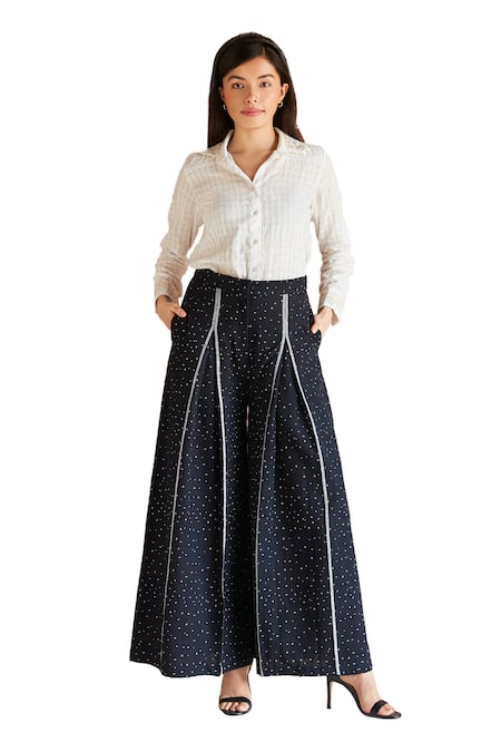 Buy Shruti Sancheti Black Cotton Abstract Print Box Pleated Flared Pant Online at Aza Fashions Buy_Shruti Sancheti_Black Cotton Abstract Print Box Pleated Flared Pant _Online_at_Aza_Fashions