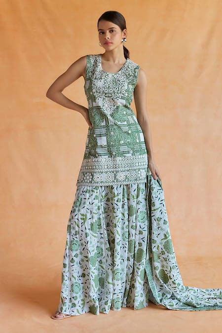 Shruti Sancheti Green Silk Mul Print Paisley Checkered Embroidered Kurta Palazzo Set  