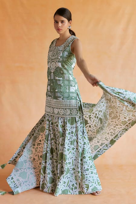 Shop Shruti Sancheti Green Silk Embroidery, Mirrors Scoop Paisley Checkered Print Kurta Palazzo Set at Aza Fashions Shop_Shruti Sancheti_Green Silk Embroidery, Mirrors Scoop Paisley Checkered Print Kurta Palazzo Set _at_Aza_Fashions