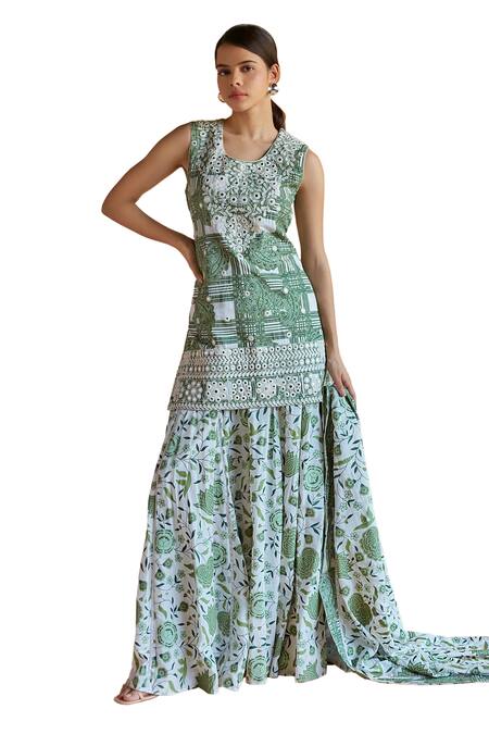 Shop Shruti Sancheti Green Silk Embroidery, Mirrors Scoop Paisley Checkered Print Kurta Palazzo Set Online at Aza Fashions Shop_Shruti Sancheti_Green Silk Embroidery, Mirrors Scoop Paisley Checkered Print Kurta Palazzo Set _Online_at_Aza_Fashions