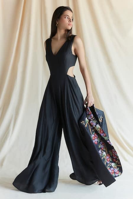 Shruti Sancheti Black Silk Mul Solid V Neck Side Cut Out Flared Jumpsuit  