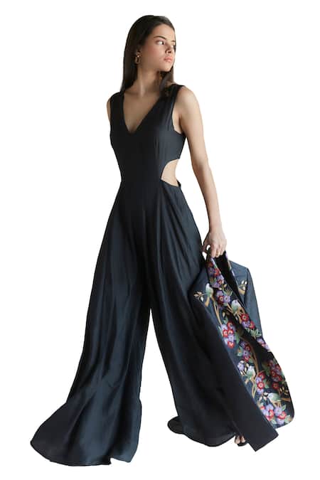 Buy Shruti Sancheti Black Silk V-neck Solid Side Cut Out Flared Jumpsuit Online at Aza Fashions Buy_Shruti Sancheti_Black Silk V-neck Solid Side Cut Out Flared Jumpsuit _Online_at_Aza_Fashions