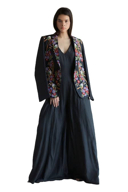 Shruti Sancheti_Black Silk Embroidery Bird Garden Raw Blazer _Online_at_Aza_Fashions