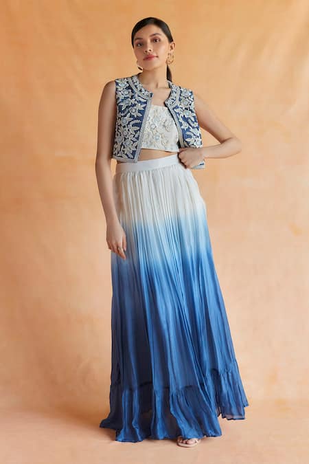 Shop Shruti Sancheti Blue Satin Embroidery, Beads Open Neck Iris Garden Jacket Lehenga Set at Aza Fashions Shop_Shruti Sancheti_Blue Satin Embroidery, Beads Open Neck Iris Garden Jacket Lehenga Set _at_Aza_Fashions