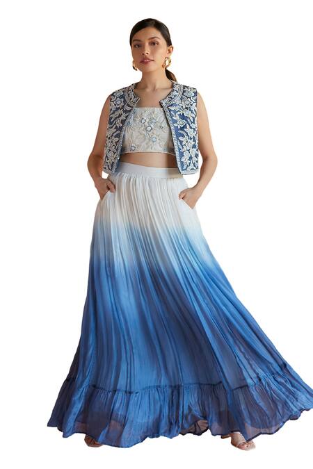 Buy Shruti Sancheti Blue Satin Embroidery, Beads Open Neck Iris Garden Jacket Lehenga Set Online at Aza Fashions Buy_Shruti Sancheti_Blue Satin Embroidery, Beads Open Neck Iris Garden Jacket Lehenga Set _Online_at_Aza_Fashions