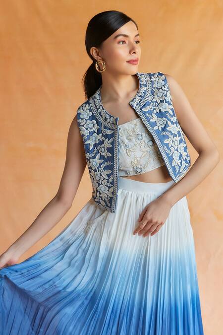 Shop Shruti Sancheti Blue Satin Embroidery, Beads Open Neck Iris Garden Jacket Lehenga Set Online at Aza Fashions Shop_Shruti Sancheti_Blue Satin Embroidery, Beads Open Neck Iris Garden Jacket Lehenga Set _Online_at_Aza_Fashions