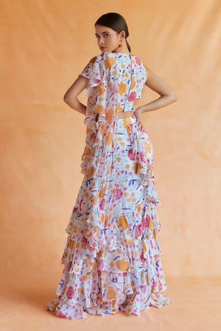 Shruti Sancheti Blossom Print Tiered Ruffle Saree With Blouse 