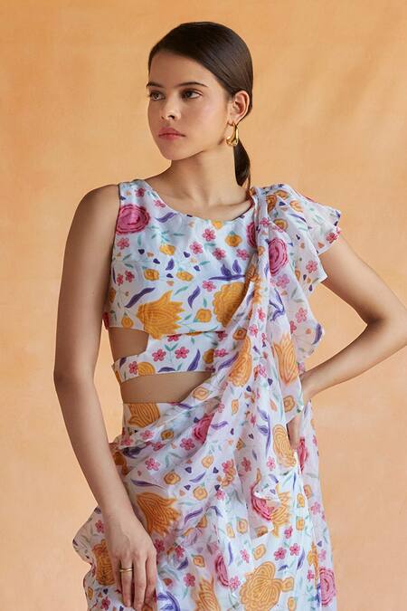 Shruti Sancheti_Multi Color Silk Round Neck Blossom Print Tiered Ruffle Saree With Blouse _Online_at_Aza_Fashions
