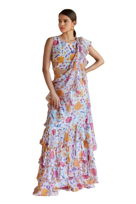Buy_Shruti Sancheti_Multi Color Silk Round Neck Blossom Print Tiered Ruffle Saree With Blouse _Online_at_Aza_Fashions