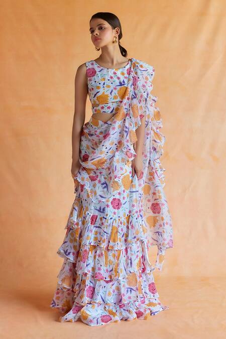 Shop_Shruti Sancheti_Multi Color Silk Round Neck Blossom Print Tiered Ruffle Saree With Blouse _Online_at_Aza_Fashions