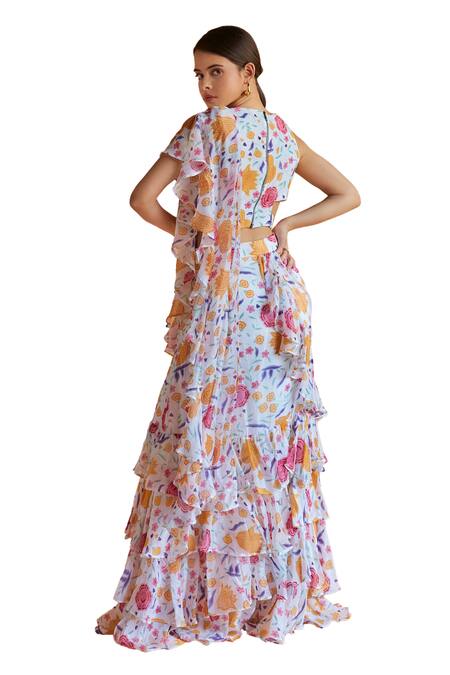 Shruti Sancheti_Multi Color Silk Round Neck Blossom Print Tiered Ruffle Saree With Blouse _at_Aza_Fashions