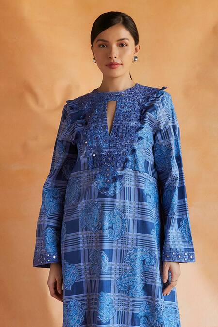 Shruti Sancheti Blue Silk Embroidery Round Neck Paisley And Checkered Print Yoke Maxi Dress Online at Aza Fashions Shruti Sancheti_Blue Silk Embroidery Round Neck Paisley And Checkered Print Yoke Maxi Dress _Online_at_Aza_Fashions