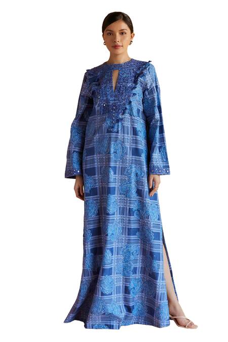 Buy Shruti Sancheti Blue Silk Embroidery Round Neck Paisley And Checkered Print Yoke Maxi Dress Online at Aza Fashions Buy_Shruti Sancheti_Blue Silk Embroidery Round Neck Paisley And Checkered Print Yoke Maxi Dress _Online_at_Aza_Fashions