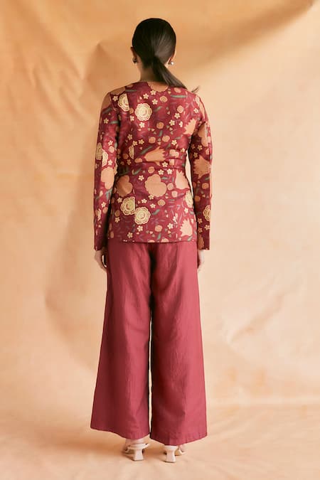 Shop Shruti Sancheti Red Silk Embroidery Asymmetric Floral Print Jacket With Flared Pant at Aza Fashions Shop_Shruti Sancheti_Red Silk Embroidery Asymmetric Floral Print Jacket With Flared Pant _at_Aza_Fashions