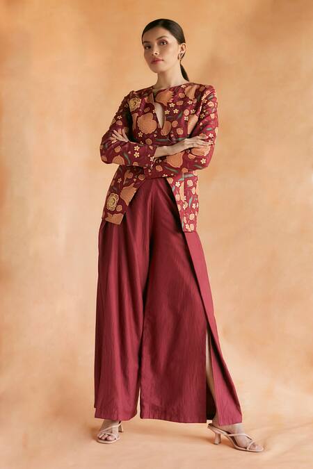 Shruti Sancheti Red Silk Embroidery Asymmetric Floral Print Jacket With Flared Pant Online at Aza Fashions Shruti Sancheti_Red Silk Embroidery Asymmetric Floral Print Jacket With Flared Pant _Online_at_Aza_Fashions