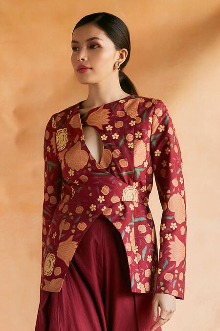 Buy Shruti Sancheti Red Silk Embroidery Asymmetric Floral Print Jacket With Flared Pant Online at Aza Fashions Buy_Shruti Sancheti_Red Silk Embroidery Asymmetric Floral Print Jacket With Flared Pant _Online_at_Aza_Fashions