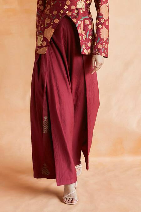 Shop Shruti Sancheti Red Silk Embroidery Asymmetric Floral Print Jacket With Flared Pant Online at Aza Fashions Shop_Shruti Sancheti_Red Silk Embroidery Asymmetric Floral Print Jacket With Flared Pant _Online_at_Aza_Fashions