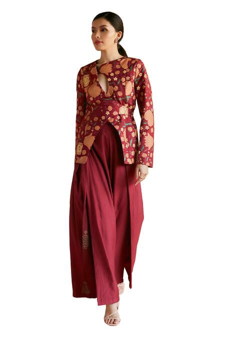 Shruti Sancheti Red Silk Embroidery Asymmetric Floral Print Jacket With Flared Pant at Aza Fashions Shruti Sancheti_Red Silk Embroidery Asymmetric Floral Print Jacket With Flared Pant _at_Aza_Fashions