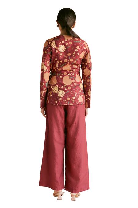 Buy Shruti Sancheti Red Silk Embroidery Asymmetric Floral Print Jacket With Flared Pant Buy_Shruti Sancheti_Red Silk Embroidery Asymmetric Floral Print Jacket With Flared Pant
