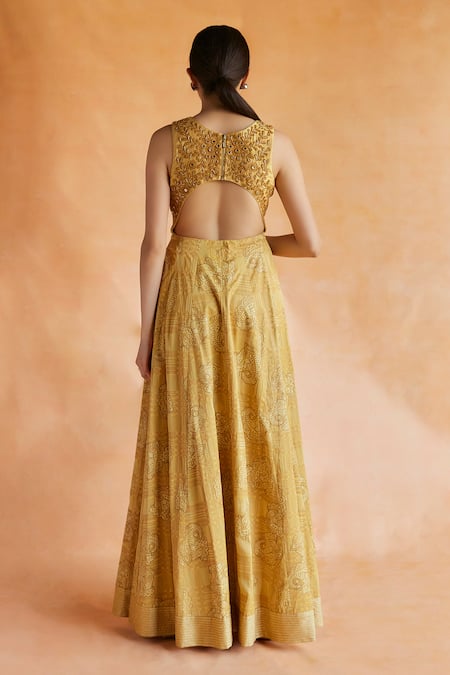 Shop Shruti Sancheti Yellow , Satin Embroidery, Paisley Checkered And Bloom Maxi Dress at Aza Fashions Shop_Shruti Sancheti_Yellow , Satin Embroidery, Paisley Checkered And Bloom Maxi Dress _at_Aza_Fashions