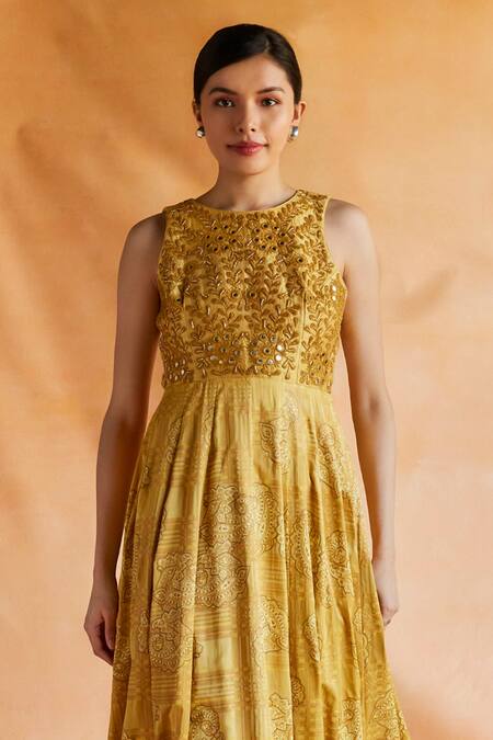 Shruti Sancheti Yellow , Satin Embroidery, Paisley Checkered And Bloom Maxi Dress Online at Aza Fashions Shruti Sancheti_Yellow , Satin Embroidery, Paisley Checkered And Bloom Maxi Dress _Online_at_Aza_Fashions