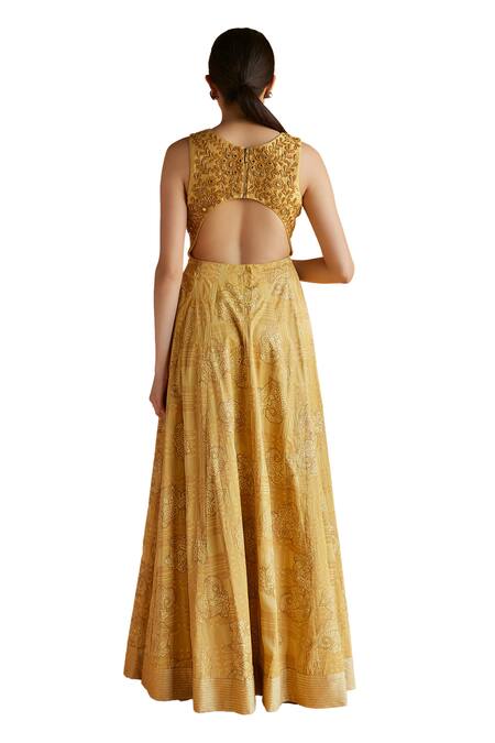Shop Shruti Sancheti Yellow , Satin Embroidery, Paisley Checkered And Bloom Maxi Dress Online at Aza Fashions Shop_Shruti Sancheti_Yellow , Satin Embroidery, Paisley Checkered And Bloom Maxi Dress _Online_at_Aza_Fashions