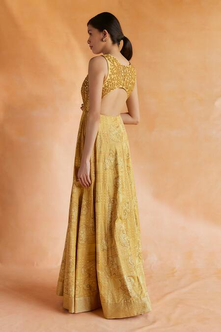 Shruti Sancheti Yellow , Satin Embroidery, Paisley Checkered And Bloom Maxi Dress at Aza Fashions Shruti Sancheti_Yellow , Satin Embroidery, Paisley Checkered And Bloom Maxi Dress _at_Aza_Fashions