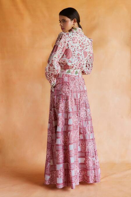 Shop Shruti Sancheti Pink Hemp, Silk Rosette Bloom Print Shirt With Paisley Checkered Skirt at Aza Fashions Shop_Shruti Sancheti_Pink Hemp, Silk Rosette Bloom Print Shirt With Paisley Checkered Skirt _at_Aza_Fashions