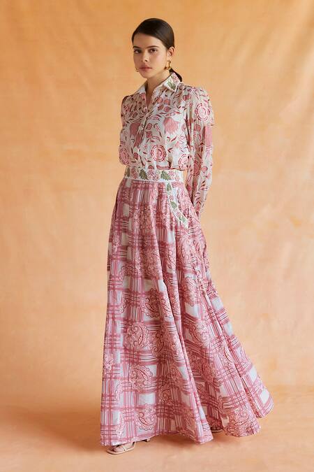 Shruti Sancheti Pink Hemp, Silk Rosette Bloom Print Shirt With Paisley Checkered Skirt Online at Aza Fashions Shruti Sancheti_Pink Hemp, Silk Rosette Bloom Print Shirt With Paisley Checkered Skirt _Online_at_Aza_Fashions