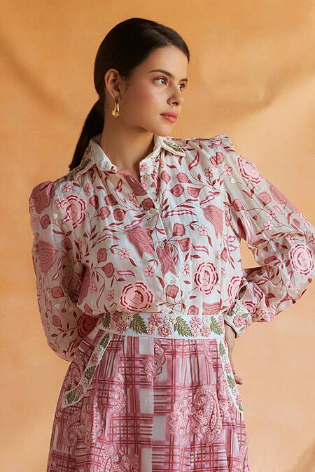 Buy Shruti Sancheti Pink Hemp, Silk Rosette Bloom Print Shirt With Paisley Checkered Skirt Online at Aza Fashions Buy_Shruti Sancheti_Pink Hemp, Silk Rosette Bloom Print Shirt With Paisley Checkered Skirt _Online_at_Aza_Fashions