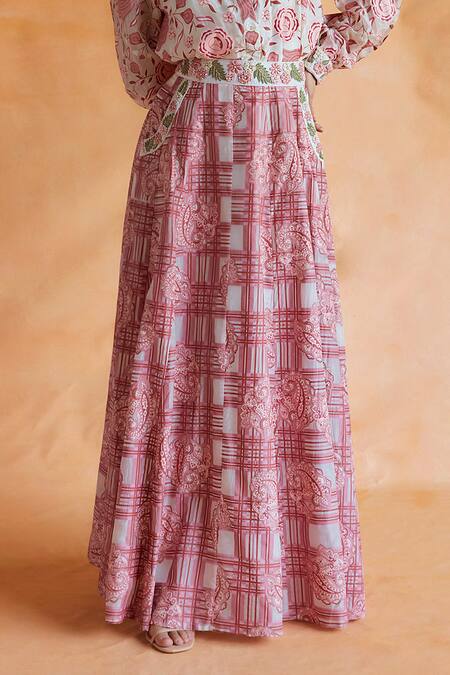 Shop Shruti Sancheti Pink Hemp, Silk Rosette Bloom Print Shirt With Paisley Checkered Skirt Online at Aza Fashions Shop_Shruti Sancheti_Pink Hemp, Silk Rosette Bloom Print Shirt With Paisley Checkered Skirt _Online_at_Aza_Fashions