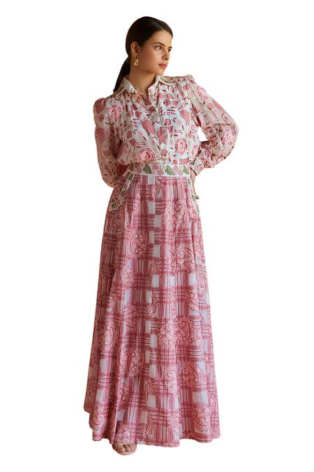 Shruti Sancheti Pink Hemp, Silk Rosette Bloom Print Shirt With Paisley Checkered Skirt at Aza Fashions Shruti Sancheti_Pink Hemp, Silk Rosette Bloom Print Shirt With Paisley Checkered Skirt _at_Aza_Fashions