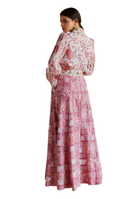 Buy Shruti Sancheti Pink Hemp, Silk Rosette Bloom Print Shirt With Paisley Checkered Skirt Buy_Shruti Sancheti_Pink Hemp, Silk Rosette Bloom Print Shirt With Paisley Checkered Skirt