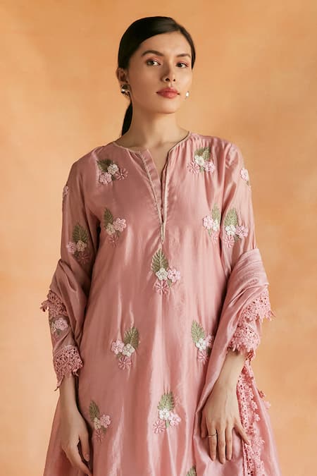 Shruti Sancheti Pink Silk Lace, Embroidery Round Neck Blossom Kurta Pant Set Online at Aza Fashions Shruti Sancheti_Pink Silk Lace, Embroidery Round Neck Blossom Kurta Pant Set _Online_at_Aza_Fashions