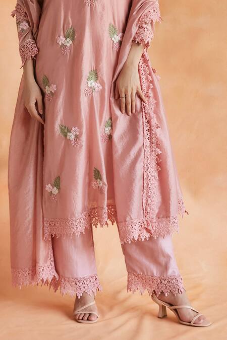 Buy Shruti Sancheti Pink Silk Lace, Embroidery Round Neck Blossom Kurta Pant Set Online at Aza Fashions Buy_Shruti Sancheti_Pink Silk Lace, Embroidery Round Neck Blossom Kurta Pant Set _Online_at_Aza_Fashions