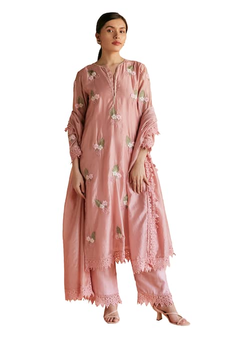 Shop Shruti Sancheti Pink Silk Lace, Embroidery Round Neck Blossom Kurta Pant Set Online at Aza Fashions Shop_Shruti Sancheti_Pink Silk Lace, Embroidery Round Neck Blossom Kurta Pant Set _Online_at_Aza_Fashions
