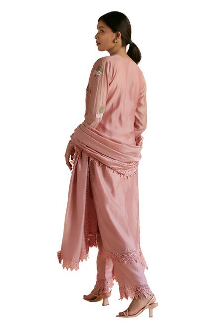 Shruti Sancheti Pink Silk Lace, Embroidery Round Neck Blossom Kurta Pant Set at Aza Fashions Shruti Sancheti_Pink Silk Lace, Embroidery Round Neck Blossom Kurta Pant Set _at_Aza_Fashions
